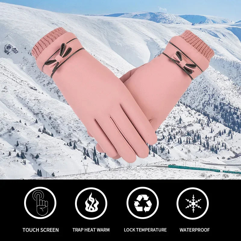 Fashion Winter Women Gloves Windproof Internal Plush Warm Lady Mittens Touch Screen Skin-friendly Soft PU Leather Female Gloves