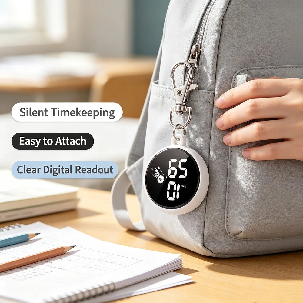 New Silent Digital Exam Keychain Watches for Kids Portable Round Hanging Backpack Large Screen Pocket Watch for Student Girls