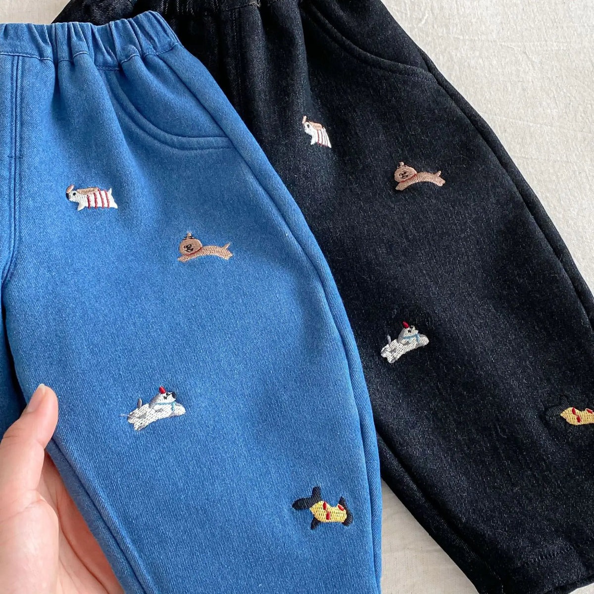 Winter Kids Pants Fur Lining Boys Jeans Embroidery Girls Denim Pants Thicken Girls Trousers