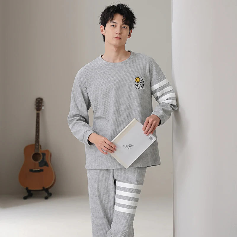 Men Pajamas Set 100% Cotton Casual Sleepwear Male Autumn Long Sleeve Solid Pyjamas