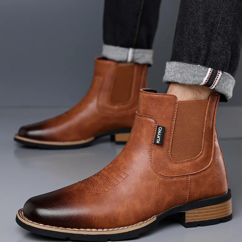 2026Men's Boots Retro Embroidery Western Cowboy Short Boot British Style High Top Leather Boot Chelsea Boots Leather Ankle Boots