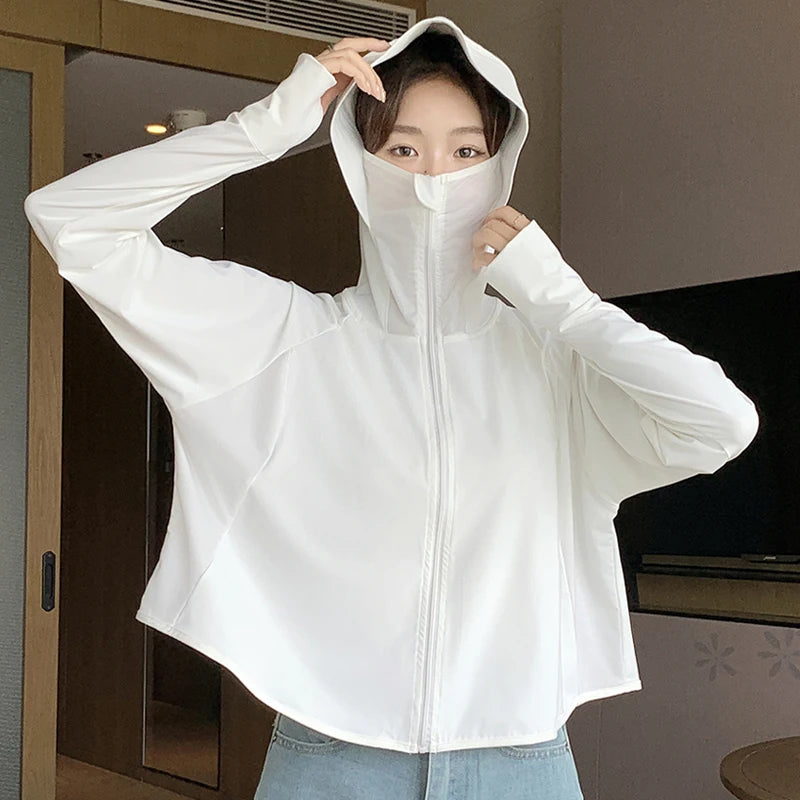 Full Coverage UPF 40+ Sun Protection Jacket Women Summer Breathable UV Protection Hooded Jacket Woman Loose Cropped Cardigan Top