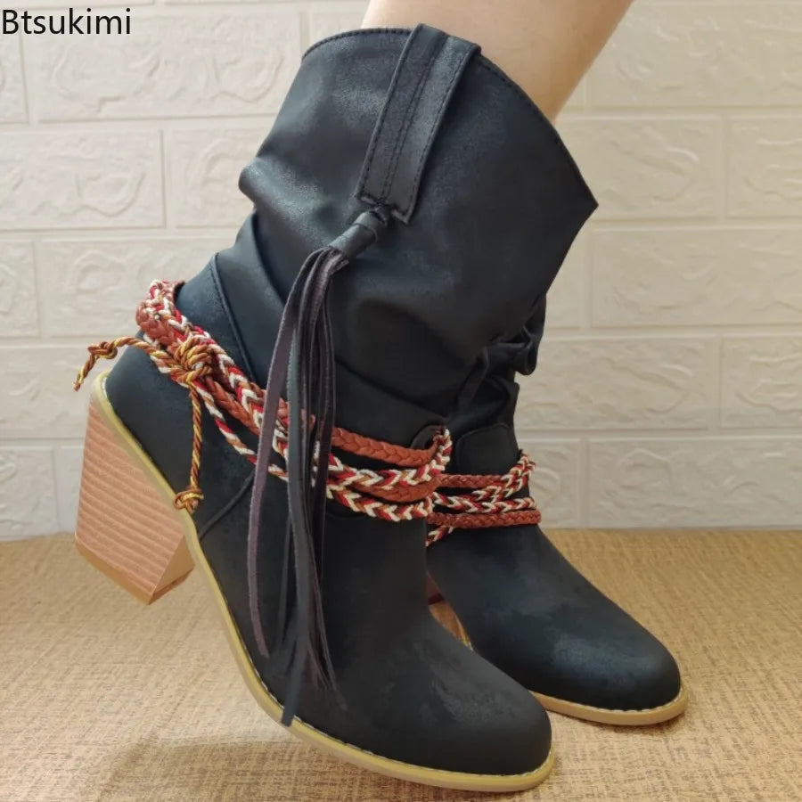 2026 Women's Brown Western Boots Autumn and Winter High Heels Short Boots Retro Pointed Toe Chunky Heels Ankel Boots for Women
