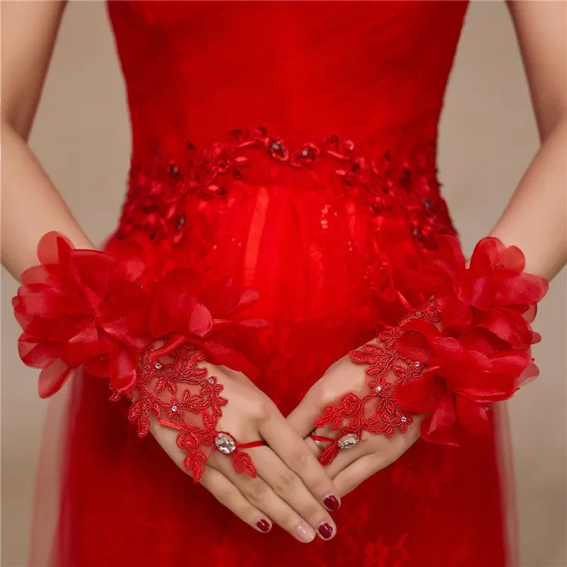 Women Red Lace   Bridal Wrist Floral Gloves Elegant Opera Evening Party Wedding Tea Party Prom Cosplay Gloves