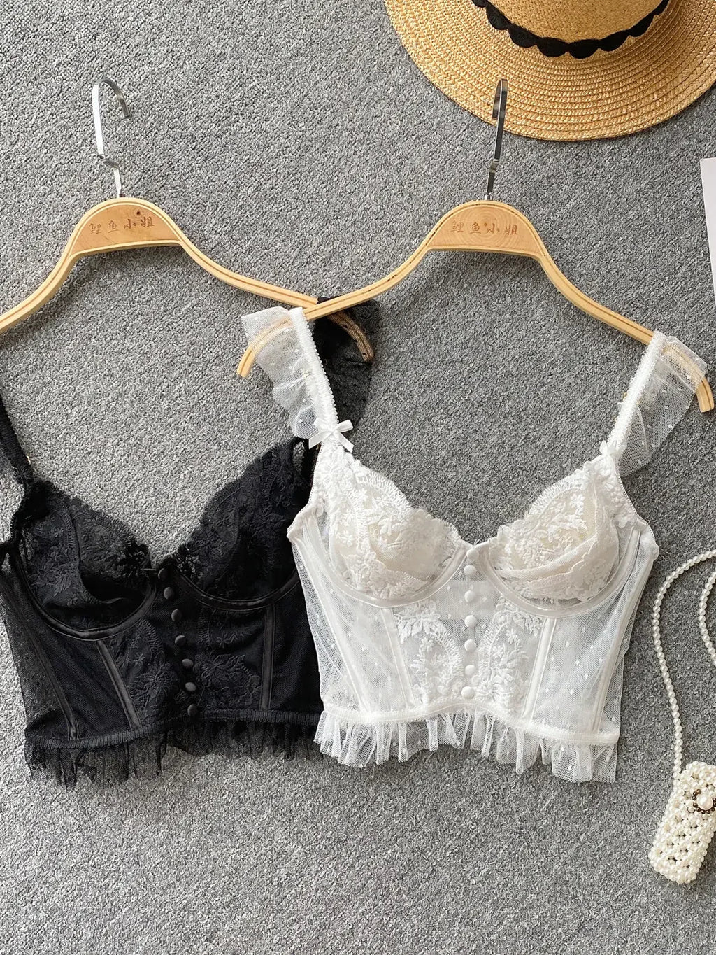 French Elegant See Through Mesh Lace Tank Top for Women Summer Sexy Black White V Neck Strap Slim Fit Vest Bras Tops