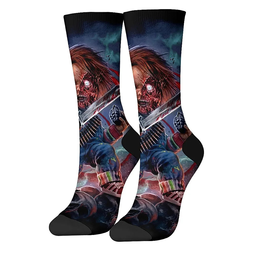 Horror movie themed men's fashion socks, fun crew socks, comfortable breathable socks, retro casual sports, the ideal gift.