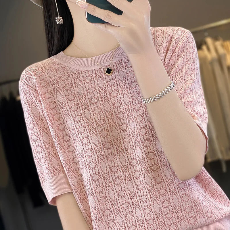 Summer New 100% Pure Cotton Sweater Short sleeved Women's Casual Solid Color Round Neck Pullover Loose Fashion Large Top