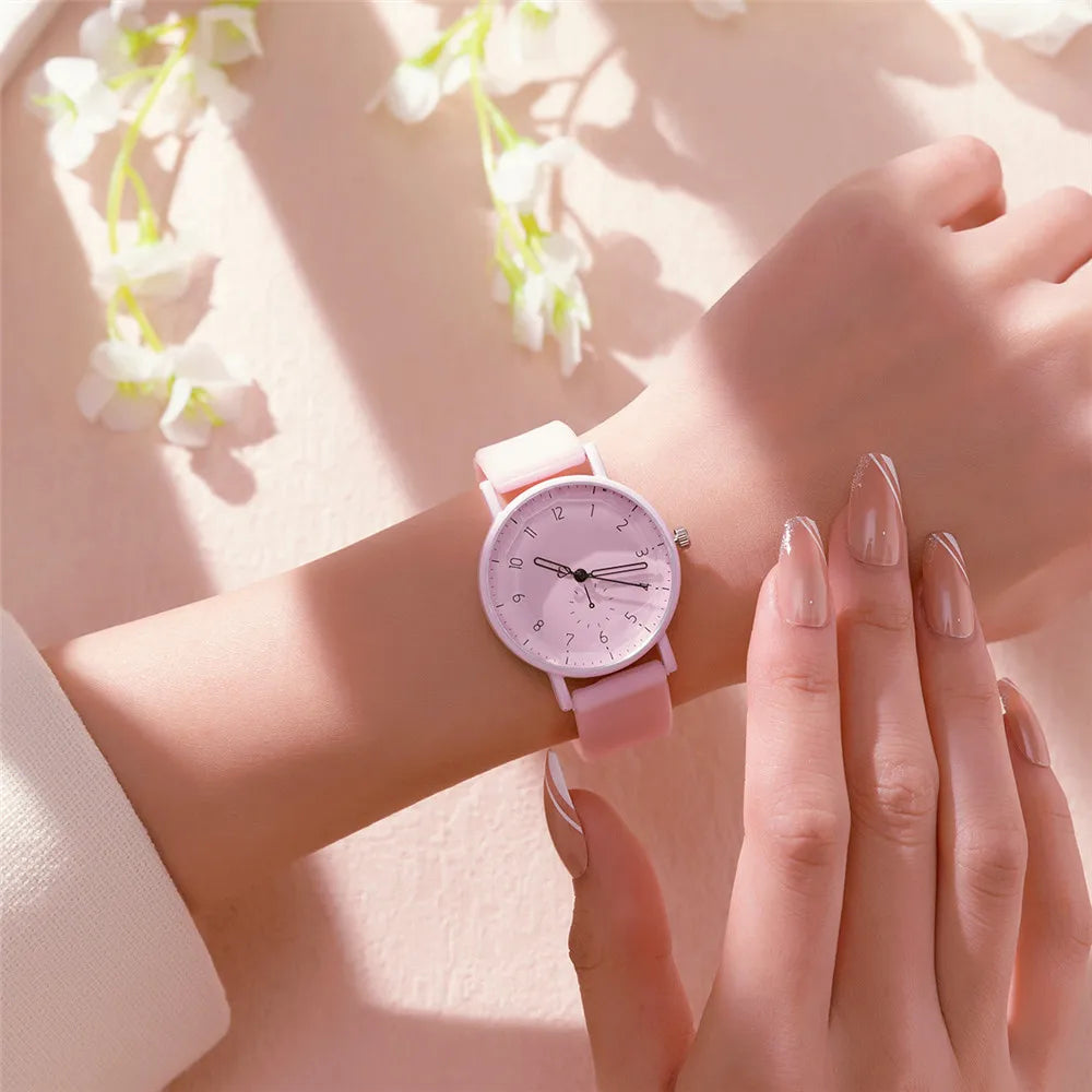 Fashion Women's Pink Minimalist Watch Silicone Strap Quartz Wristwatch Elegant Ladies Watches
