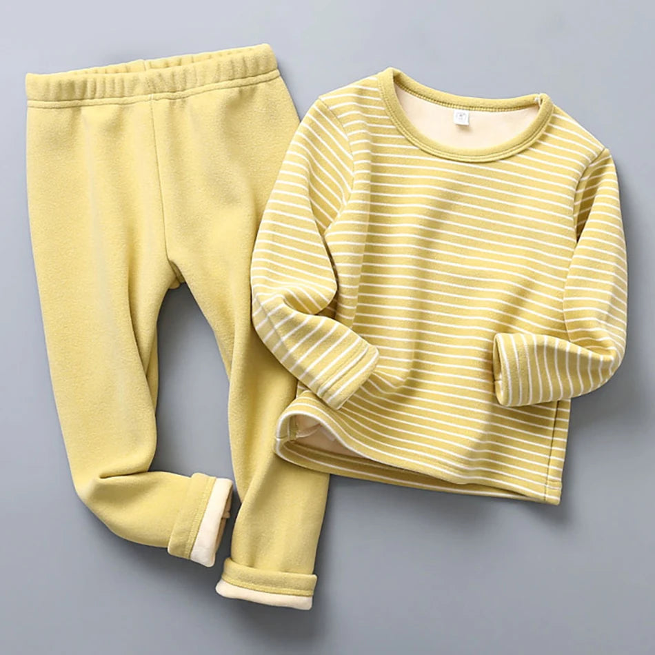 Plush Lined Kids Pajama Set Cozy Striped Winter Sleepwear Ultra Warm Soft Pajamas for Boys and Girls for Autumn and Winter