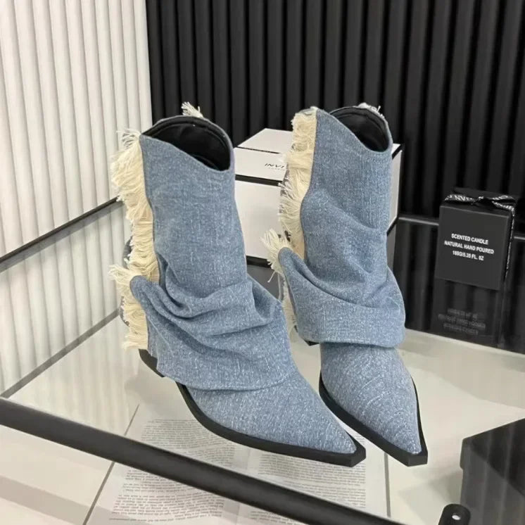 Boots Women 2024 New Four Seasons Western Blue Vintage Pointed High Heels Outdoor Fashion Walking Short Shoes Comfortable