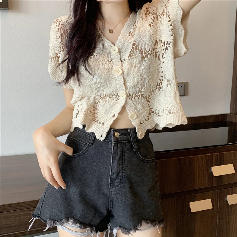 Women's ort Sve Open Cardigan Knitted Sweater Hollow out Thin Summer Korean Sle Versatile ort Cover up Base Top