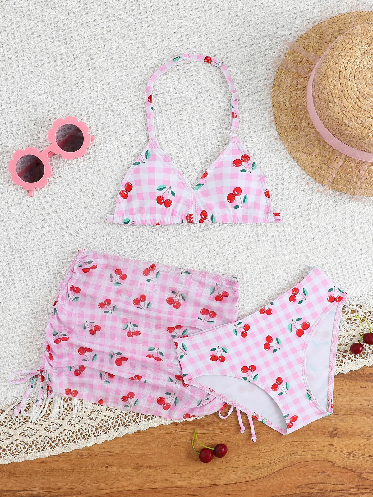2025New Children's Bikini Swimsuit Cute Girls' Three-Piece Set with Chest Pad for Older Children