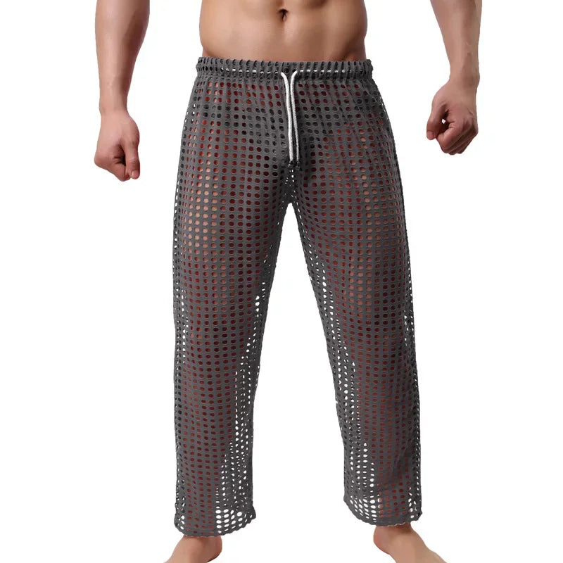 Mens Pajamas Sexy Mesh See Through Long Pants Sleepwear Fishnet Hollow Out Fitness Trousers Sleep Bottoms Sexy Underwear