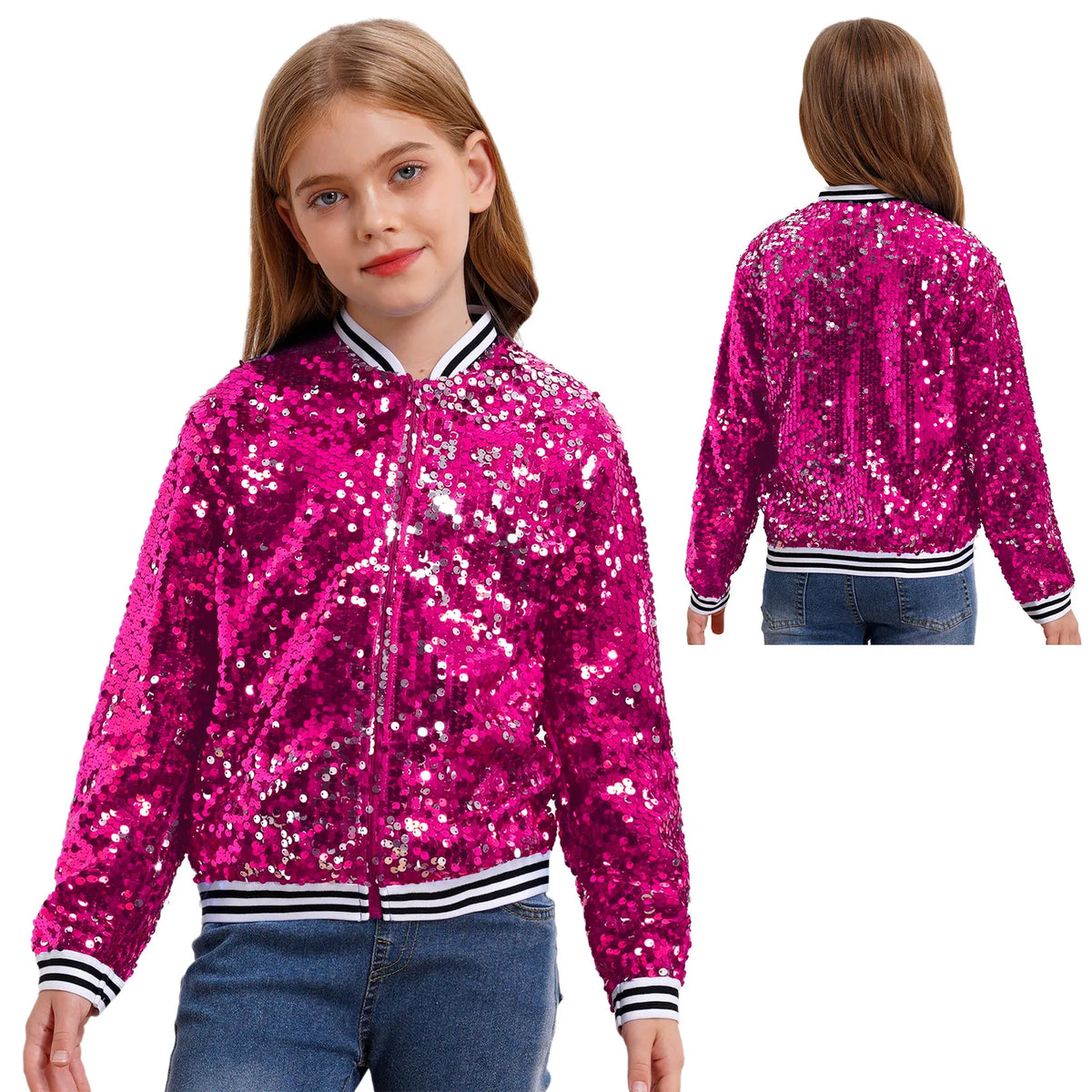 Kids Girls Long Sleeve Fashion Sequin Baseball Jacket Bomber Coat Hip Hop Jazz Street Dance Cheerleading Performance Dancewear