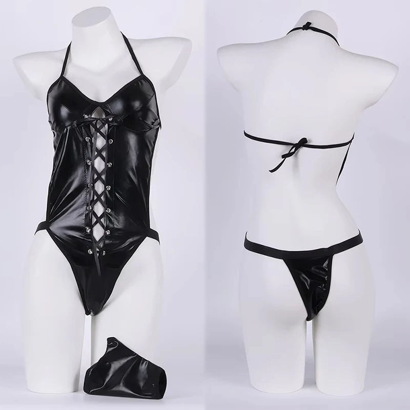 Porn Latex Leather Underwear Women Bandage Hollow Teddies Bodysuit Erotic Costumes Halter Deep V Bodysuits Sexy Lingerie Corsets