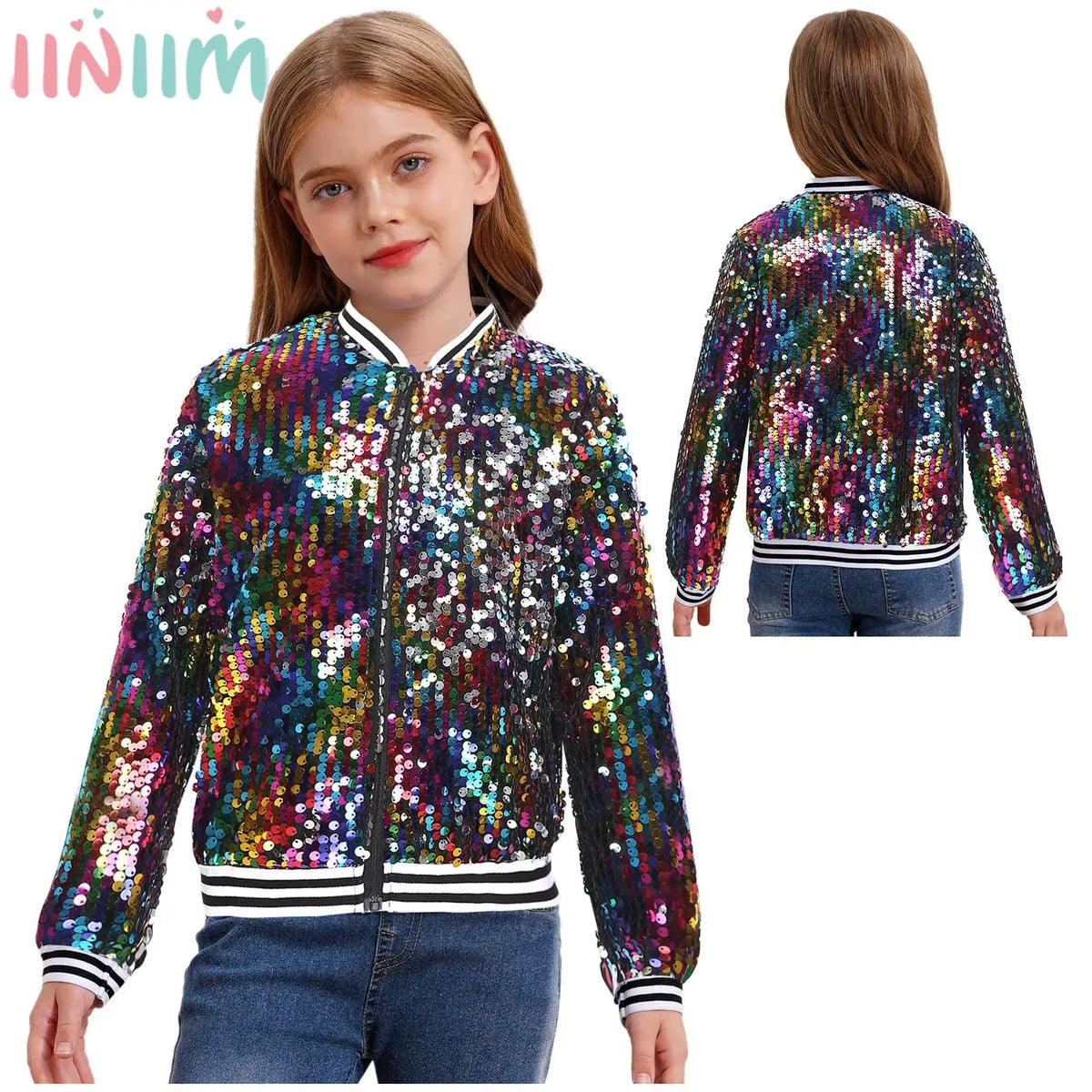 Kids Girls Long Sleeve Fashion Sequin Baseball Jacket Bomber Coat Hip Hop Jazz Street Dance Cheerleading Performance Dancewear