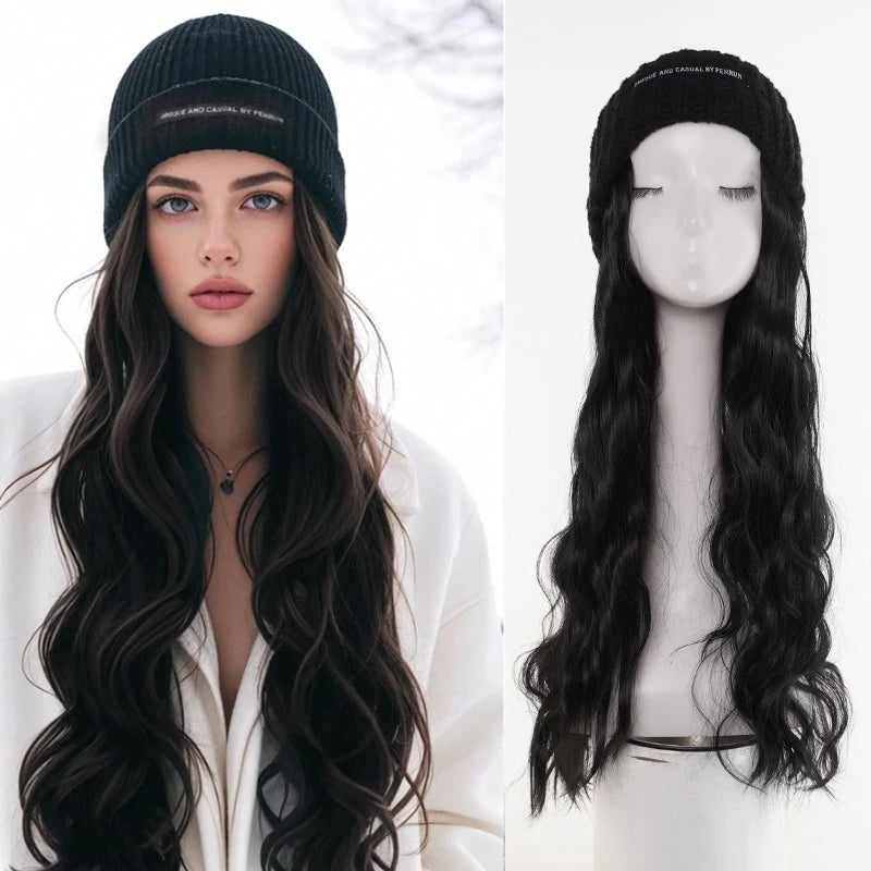 Synthetic Hat Wig for Women Girls, 22 Inch Long Wavy Integrated Wig with Black Knit Beanie Hat, Winter Daily Wear Hair Accessory