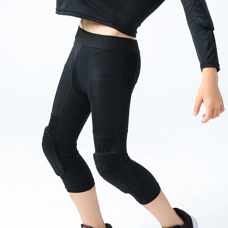 Kids Basketball Legging with Knee Pads Padded Sport Tights for Workout Training Running Capris Compression Pants
