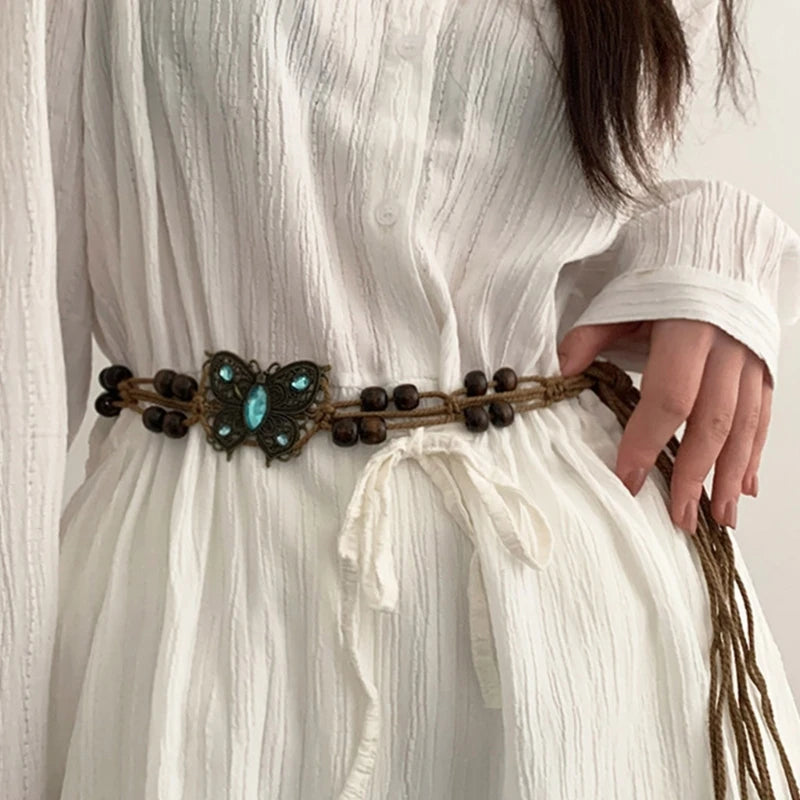 Women Belt Braided Style Woven Tassel Belt Knot Decorated Waist Chain Boho Girls Waist Thin Rope Waistbands Dress Accessories
