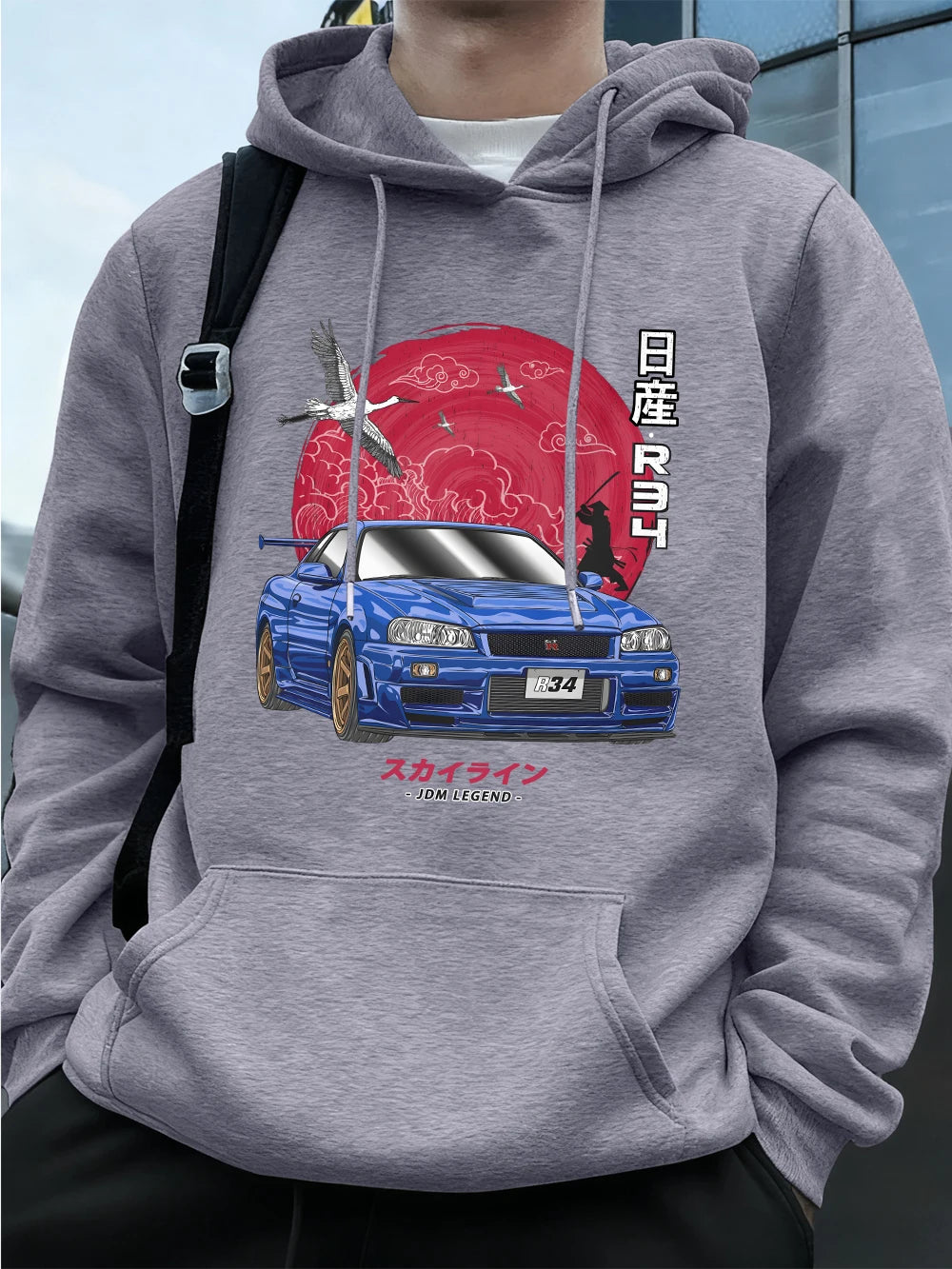 Nippon Jdm Skyline Gtr R34 Prints Mens Hoodies Autumn Pocket Sweatshirt Basics Fleece Warm Loose Pullover Korean Men'S Clothes