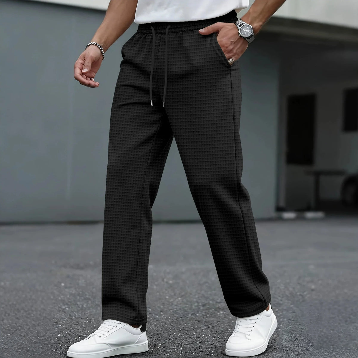 Men's New Wide-Checkered Drawstring Casual Pants - Lightweight, Breathable, Solid Color, Comfortable Straight-Leg Trousers