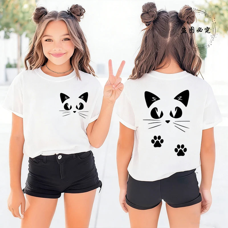 Summer Girls T-shirts Clothes Kid Girls Tshirts Casual Clothes Kwaii Cat Anime Print Cotton T-shirts Anime Children Fashion Tops
