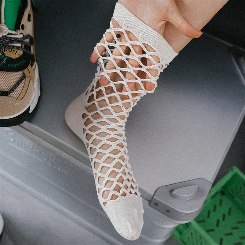 1pair Women Mesh Socks Individual Fashion Breathable Fishnet Mid-Calf Sock Thin Comfortable Casual Sox Elastic High Quality