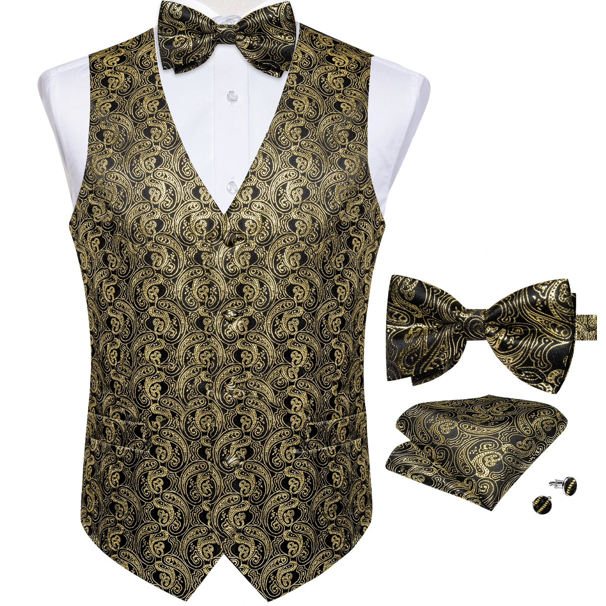 Wedding Classic Red Paisley Dress Vest for Man Fashion V-neck Luxury Men's Business Waistcoat Bowtie Pocket Square Cufflinks Set