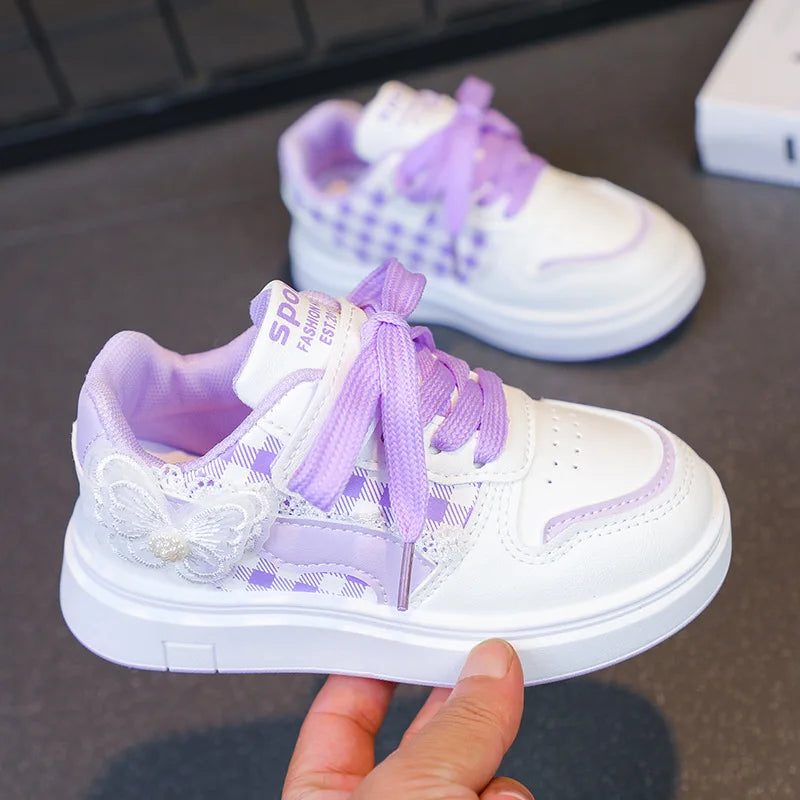 Girls Sneakers White Lace Decoration Butterfly Children's Sports Shoes Breathable Casual Non-slip Outdoors Kids Board Shoes