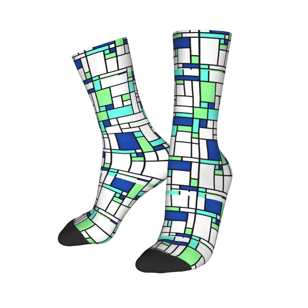 Custom Color Art Retro Mondrian Men Women Crew Socks Unisex Fashion 3D Printed Abstract Art Plaid Dress Socks