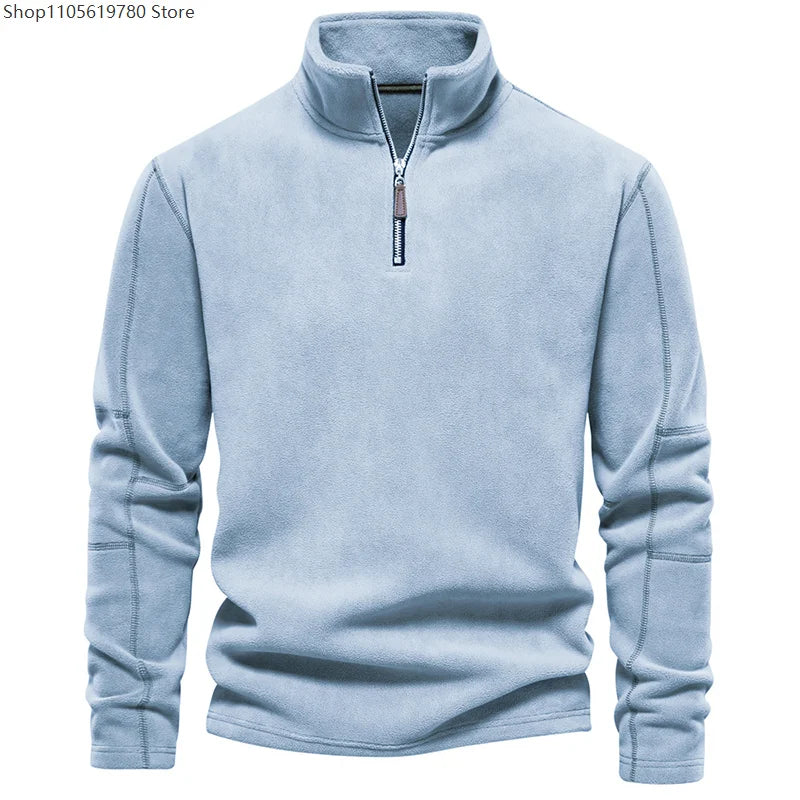 Men Autumn Winter Sweaters Standing Collar Semi-zipper Long Sleeve Sweatshirt  Polar Fleece Jacket Pullover Tops