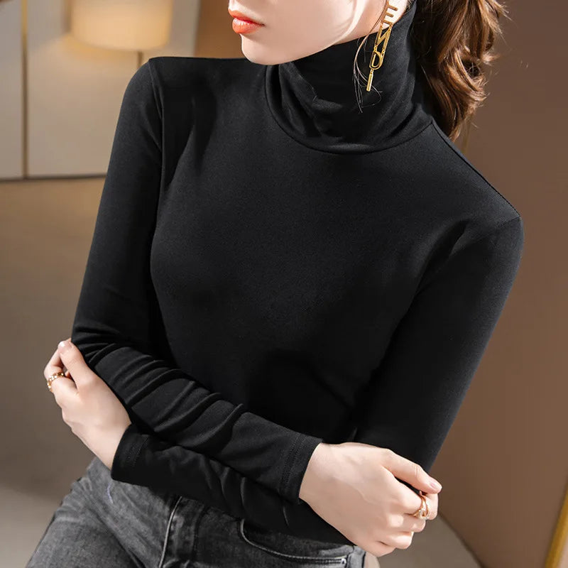 Cotton Base Simple T Shirts Women Turtleneck Long Sleeve T-shirts Tees Girls Solid Slim Undershirts Tops Femme Clothing