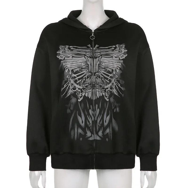 Y2K Gothic Butterfly Print Zip Up Women Hoodies 2025 Winter Grunge Skeleton Sweatshirt Casual Hooded Jacket Streetwear Hoodie