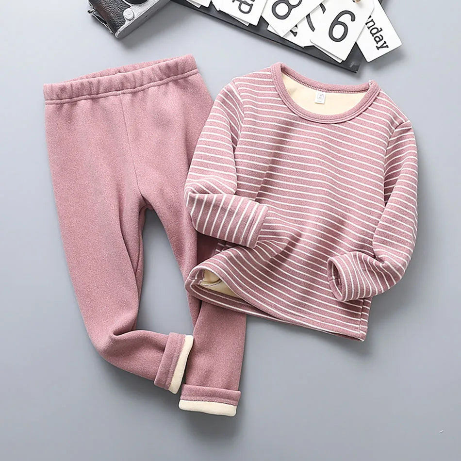 Plush Lined Kids Pajama Set Cozy Striped Winter Sleepwear Ultra Warm Soft Pajamas for Boys and Girls for Autumn and Winter