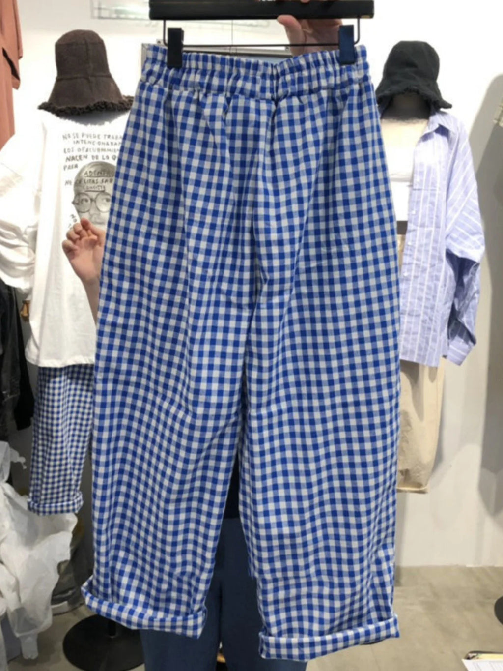 Summer Plaid Wide Leg Casual Pants High Waist Nine Points Faionable Loose Fit plus Size Women's Premium Quali Trousers