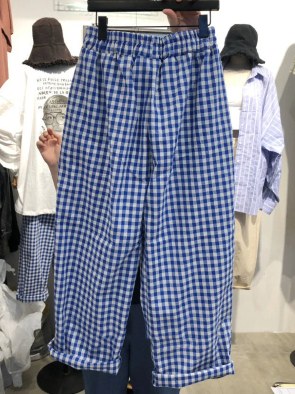 Summer Plaid Wide Leg Casual Pants High Waist Nine Points Faionable Loose Fit plus Size Women's Premium Quali Trousers