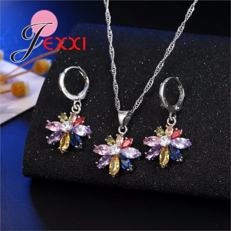 Women Pretty Jewelry Decoration Hot 925 Sterling Silver Cubic Zirconia Jewelry Set Pendant Necklace Earring Sets Promotion