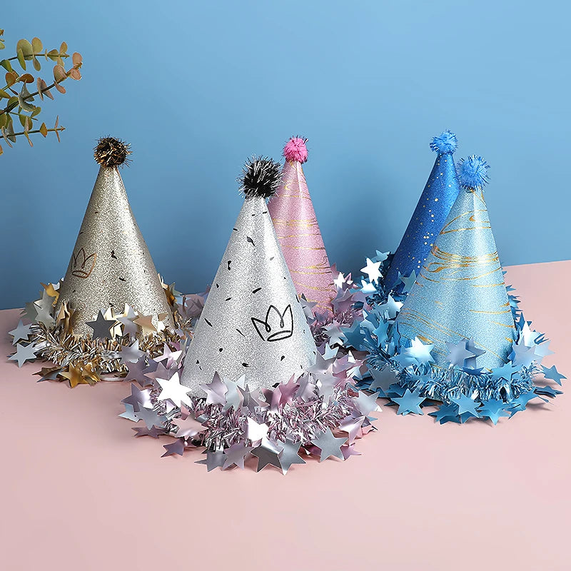 Kids Birthday Party Hat Paper Crown Caps for 1st Boy Girl Birthday Party Decoration Supplies Photo Props Gold Silver Pink