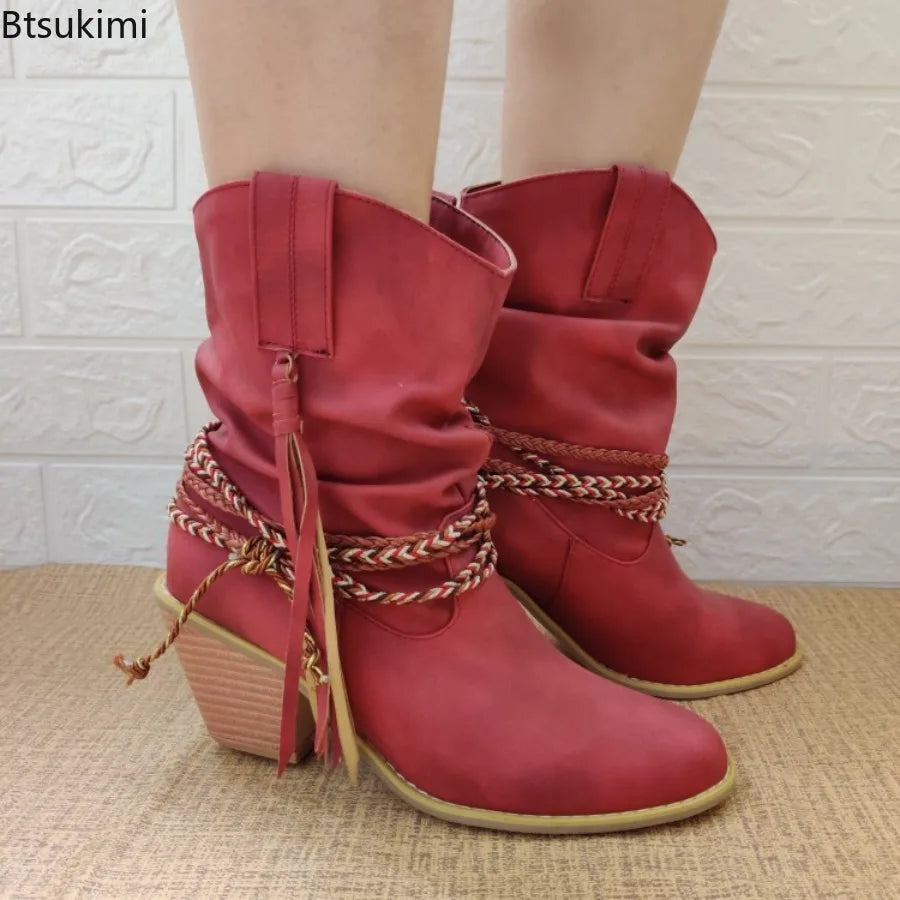 2026 Women's Brown Western Boots Autumn and Winter High Heels Short Boots Retro Pointed Toe Chunky Heels Ankel Boots for Women