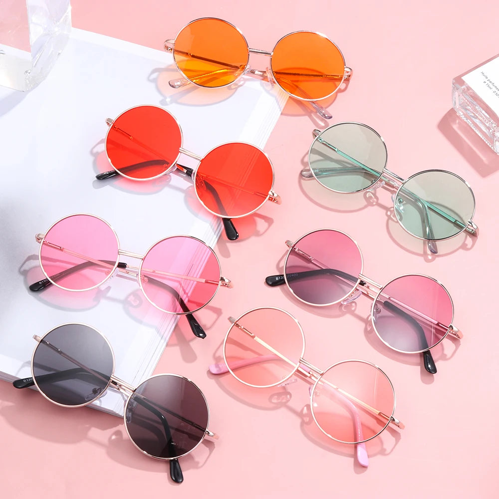 NEW Summer Child Retro Round Frame Sunglasses Children Kids Black Pink Red Lens Fashion Boys Girls UV400 Protection Eyewear 14mm