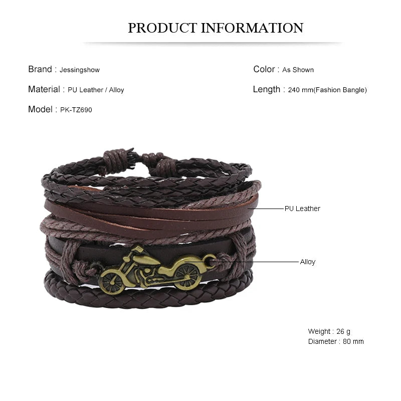 Fashion Bracelet For Men Hand Bangles Woven Alloy Motorcycle Hand Jewelry Adjustable Leather 4Pcs/Set Bracelet For Leather