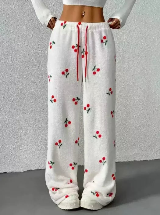 Women Casual Trousers Elastic Waistband Drawstring Tie Pajama Bottoms Leopard Print Wide Leg Lounge Pants