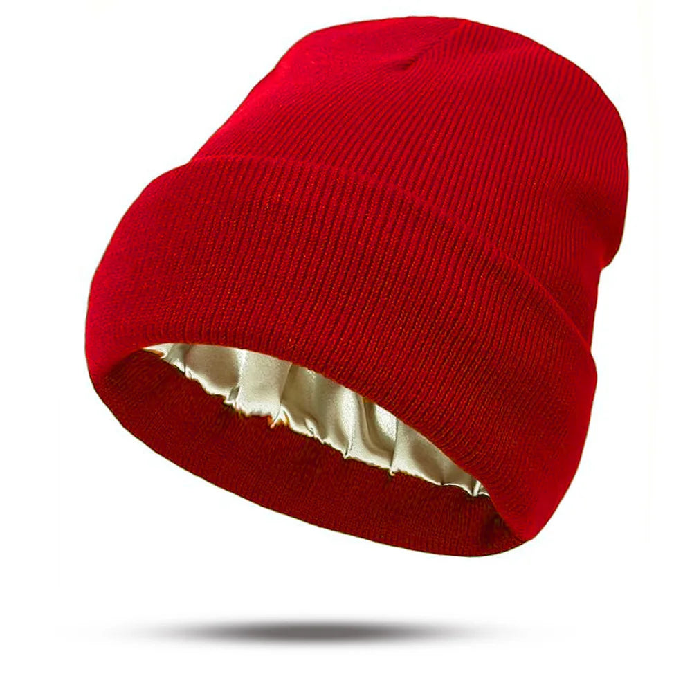 Women's Hats for Autumn&Winter-Comfortable Stylish Versatile Warm-Keeping Hairstyle-Protecting Knitted Satin Woolen Hats