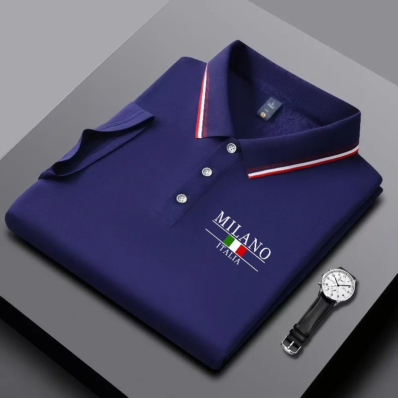 Summer men's trendy polo shirt with Italian Milan print, striped collar, summer breathable casual business top