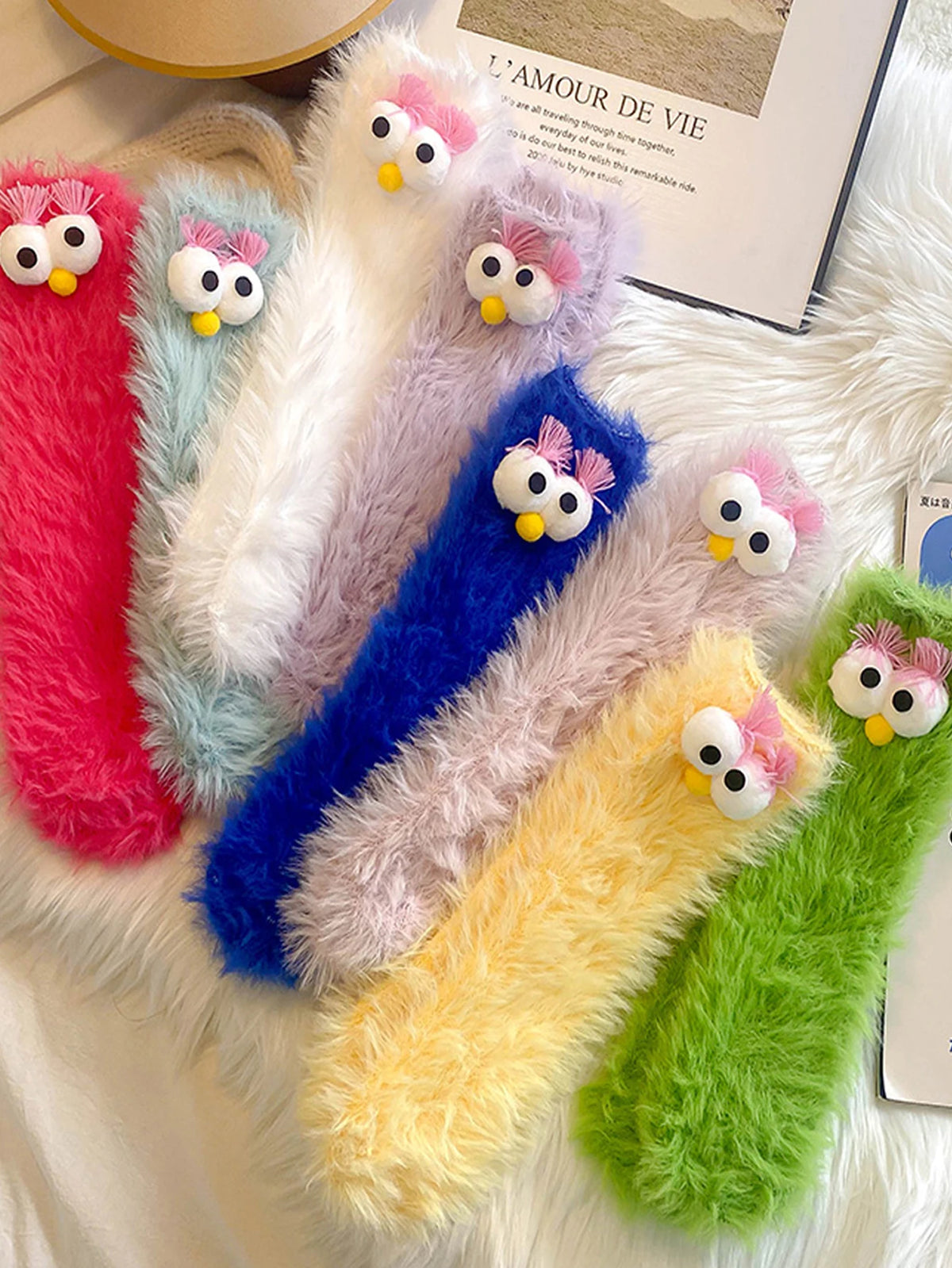 1 Pair of Women's Creative Socks, Festive Socks, Cartoon Socks, Plush Socks, Ankle Socks, Big-Eyed Socks, Cute Socks, Warm Socks