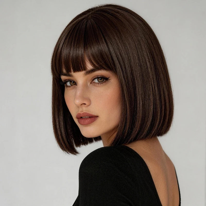 Women's everyday synthetic wig, 12 inches, dark brown, with smooth and neat bangs, casual style, suitable for weekend outings.