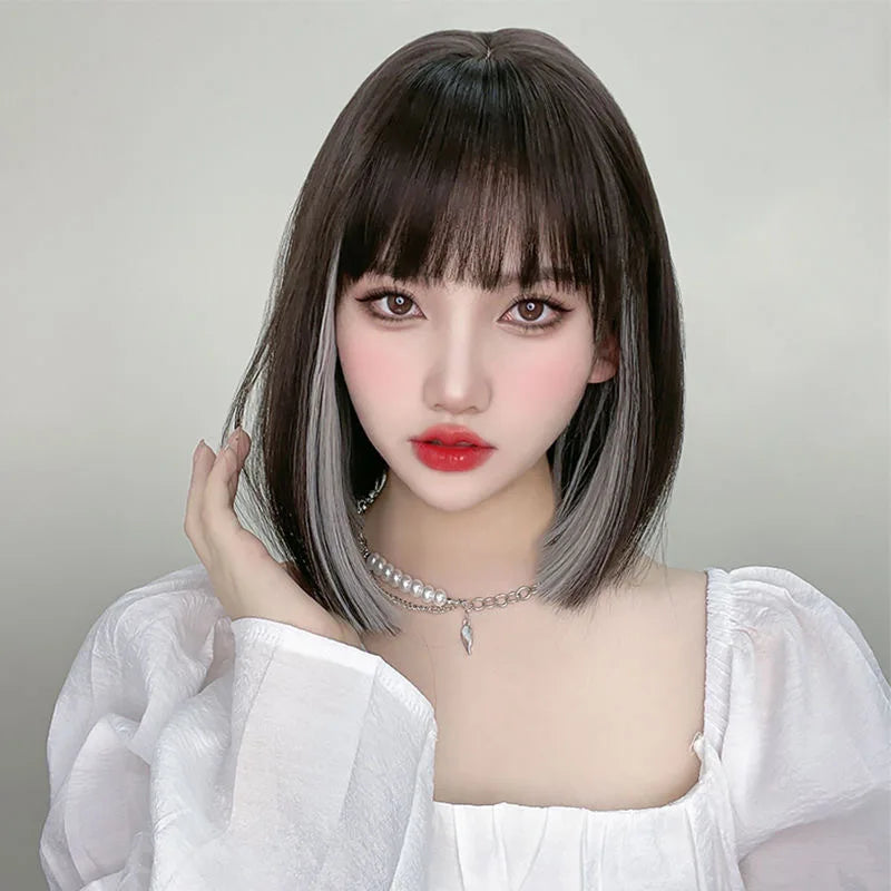 Wig Woman Short Straight Hair Hanging Ears Dyed Collarbone Hair High Temperature Silk Synthetic Fiber Hair Full Head Set