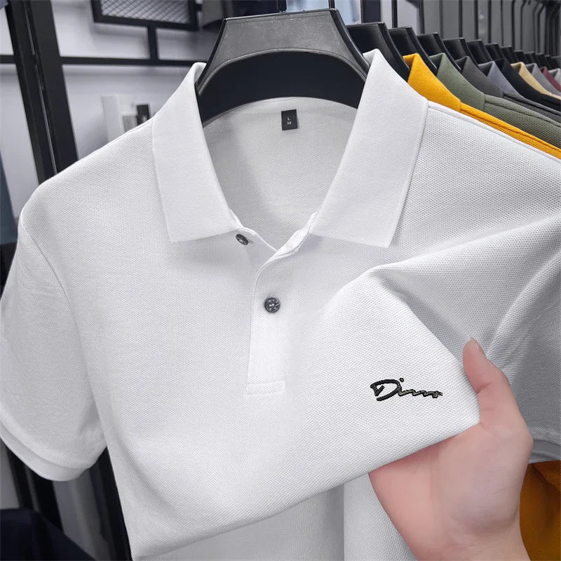 Men's Summer High-End Printed Golf Polo Shirt with Collar, Solid Color, Breathable, Office Casual, High-Quality Men's Clothing