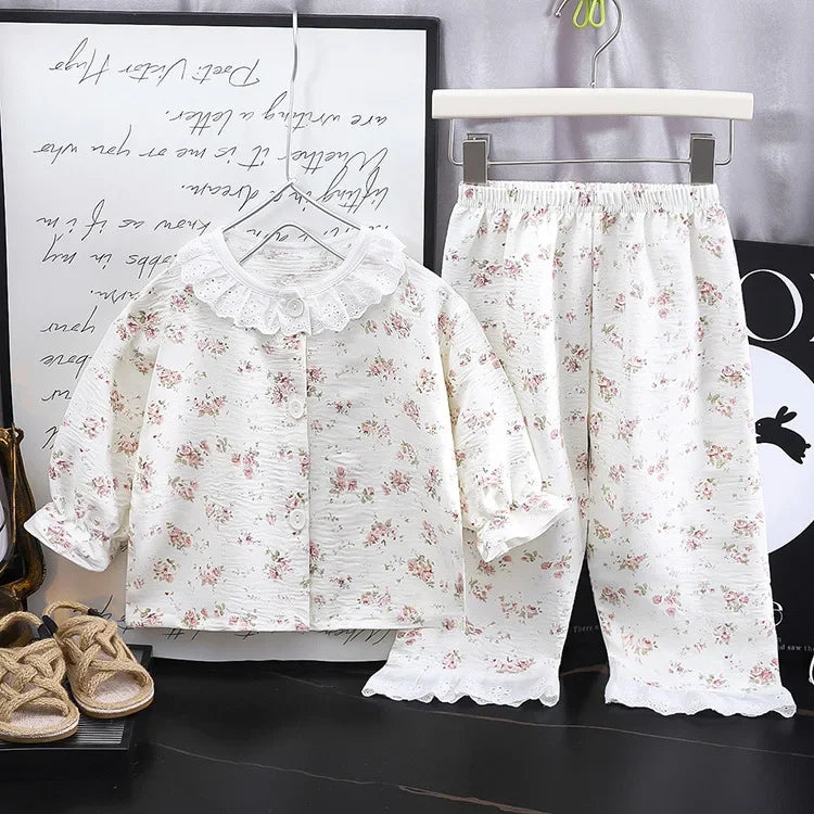 Girls Kids Home Clothes Set New Loose Thin Baby Pajamas Fashion Lace Floral Princess Children Air Conditioner Long Sleeve+Pants