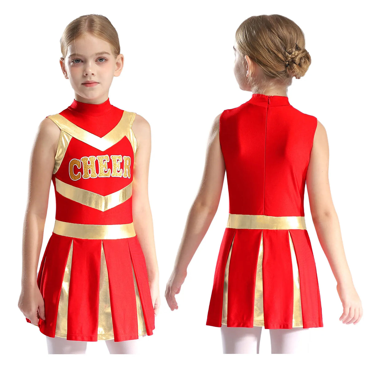 Kids Girl Cheerleading Dance Performance Costume Sleeveless Leotard Dress for School Show Sports Meeting Halloween Cosplay Party